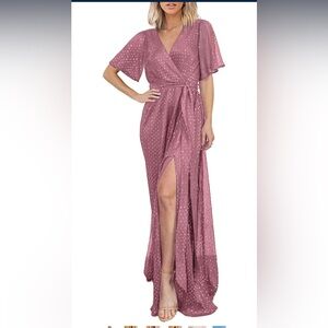 Fall Wedding Guest Maxi Dress Boho Flowy V Neck Short Sleeve Sparkly Bridesmaid